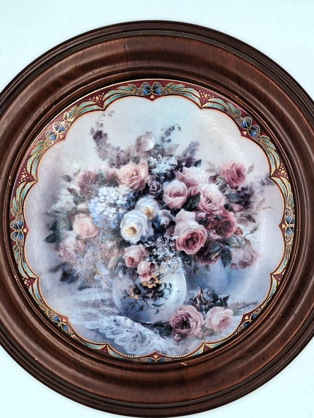 Vintage porcelain floral collector plate se inside a solid wood frame by Lena Li